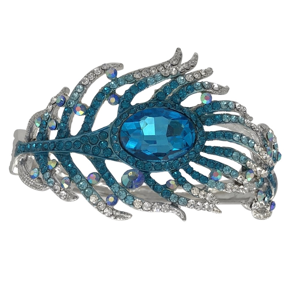 Aqua Blue Peacock Feather Rhinestone Statement Silver Hinged Bangle Bracelet